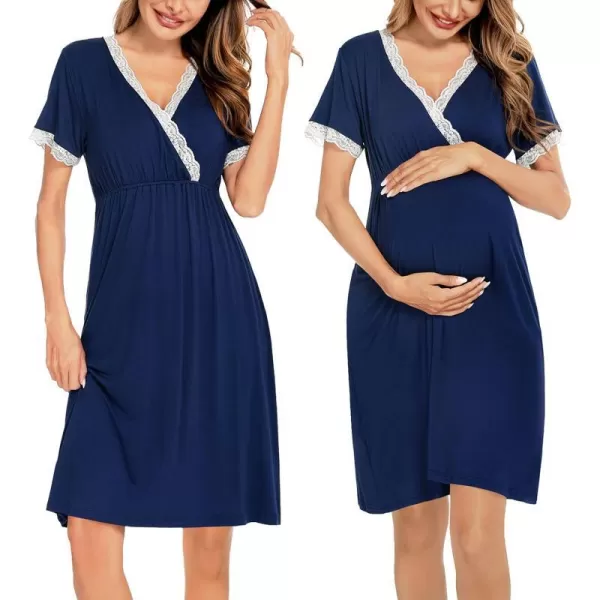 SWOMOG Women 3 in 1 DeliveryLaborNursing Nightgown Short Sleeve Pleated Maternity Sleepwear for BreastfeedingNavy Blue