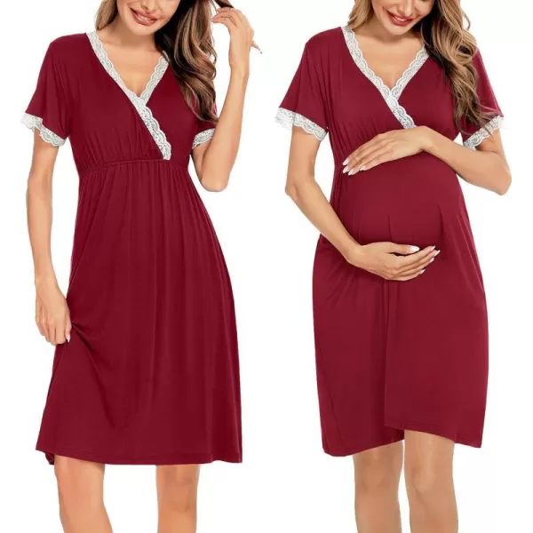 SWOMOG Women 3 in 1 DeliveryLaborNursing Nightgown Short Sleeve Pleated Maternity Sleepwear for BreastfeedingWine Red