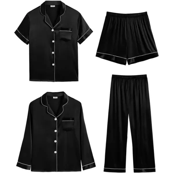 SWOMOG Women 4 Pcs Silk Satin Pajamas Set Button Down Sleepwear Loungewear Pj SetsBlack