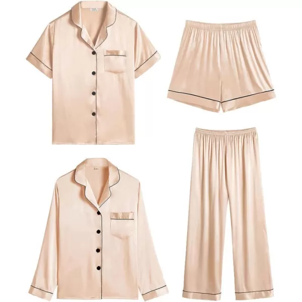 SWOMOG Women 4 Pcs Silk Satin Pajamas Set Button Down Sleepwear Loungewear Pj SetsChampagne