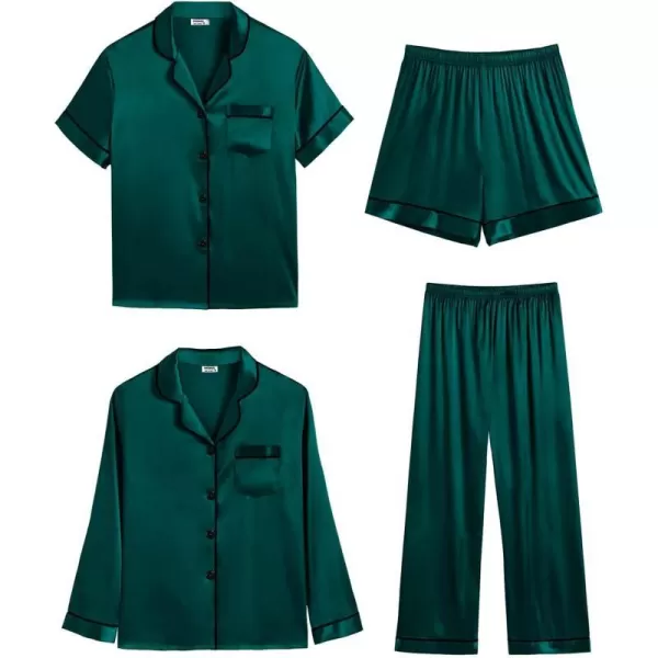 SWOMOG Women 4 Pcs Silk Satin Pajamas Set Button Down Sleepwear Loungewear Pj SetsDeep Green