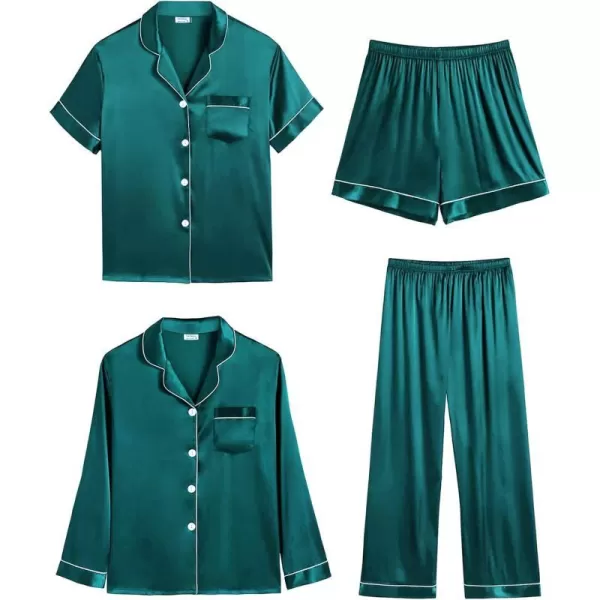 SWOMOG Women 4 Pcs Silk Satin Pajamas Set Button Down Sleepwear Loungewear Pj SetsGreen