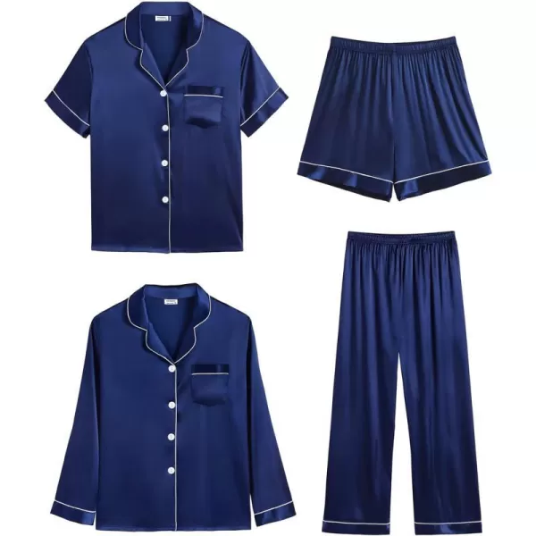 SWOMOG Women 4 Pcs Silk Satin Pajamas Set Button Down Sleepwear Loungewear Pj SetsNavy Blue