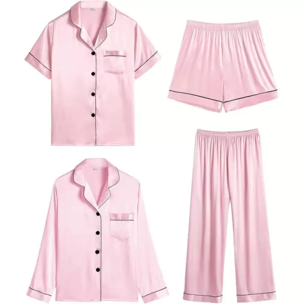 SWOMOG Women 4 Pcs Silk Satin Pajamas Set Button Down Sleepwear Loungewear Pj SetsPink