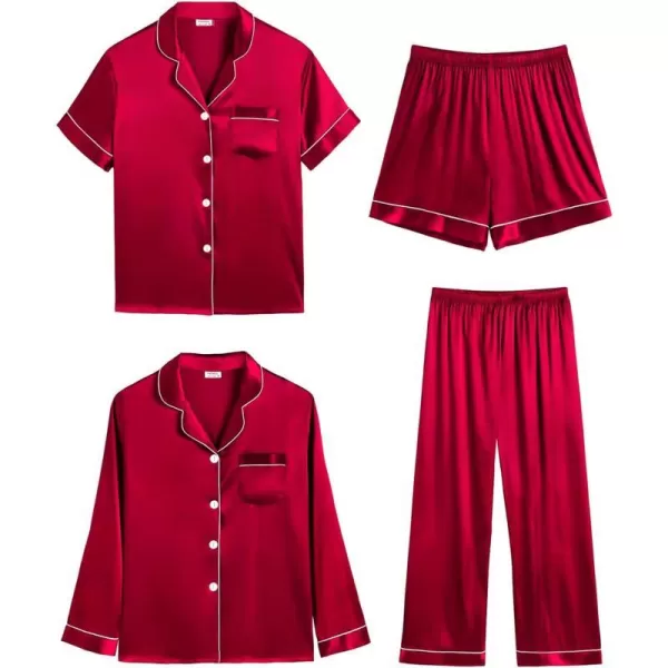 SWOMOG Women 4 Pcs Silk Satin Pajamas Set Button Down Sleepwear Loungewear Pj SetsRed