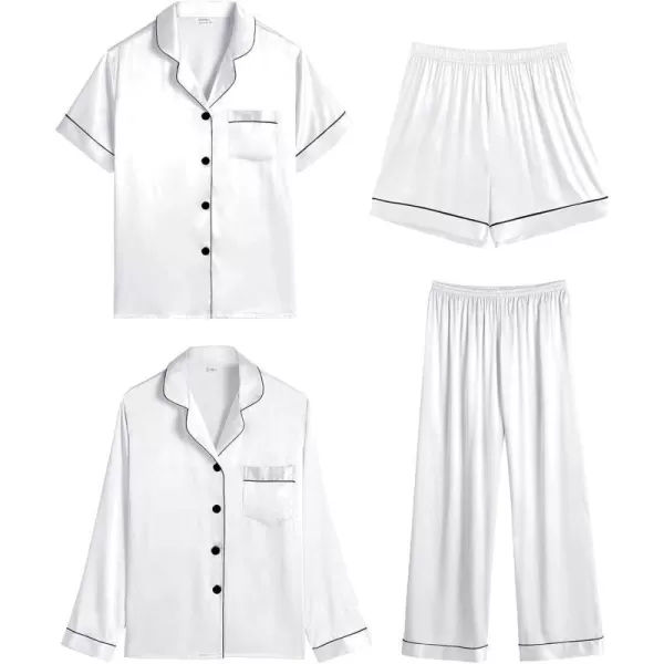 SWOMOG Women 4 Pcs Silk Satin Pajamas Set Button Down Sleepwear Loungewear Pj SetsWhite