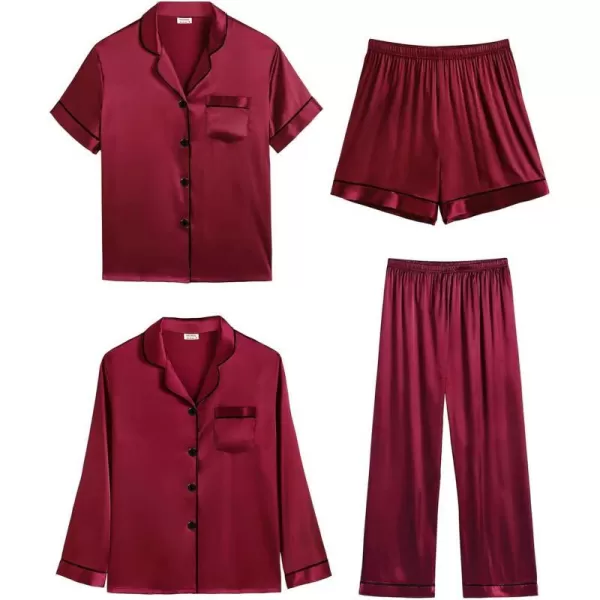 SWOMOG Women 4 Pcs Silk Satin Pajamas Set Button Down Sleepwear Loungewear Pj SetsWine Red