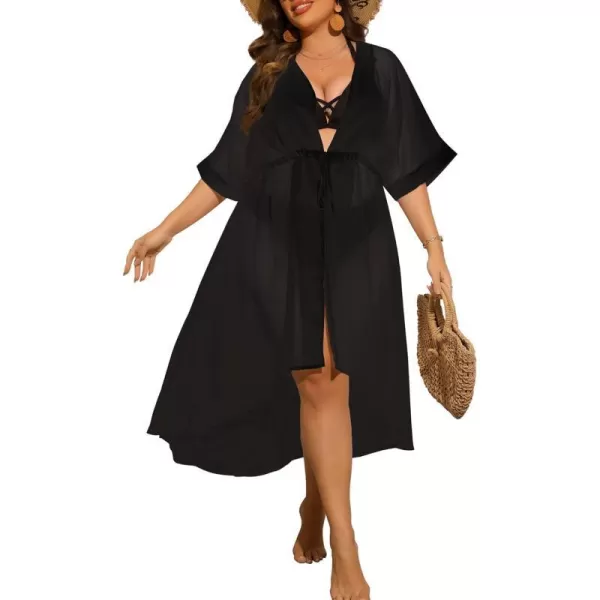 SWOMOG Women Cover Ups Plus Size Swimsuit Chiffon Kimono Long Cardigan Open Front Bathing Suit Summer Flowy Bikini BeachwearBlack