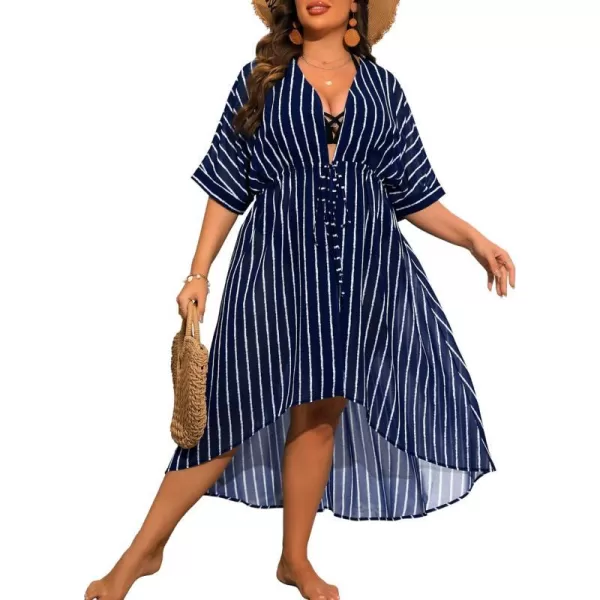 SWOMOG Women Cover Ups Plus Size Swimsuit Chiffon Kimono Long Cardigan Open Front Bathing Suit Summer Flowy Bikini BeachwearNavy Blue Stripe