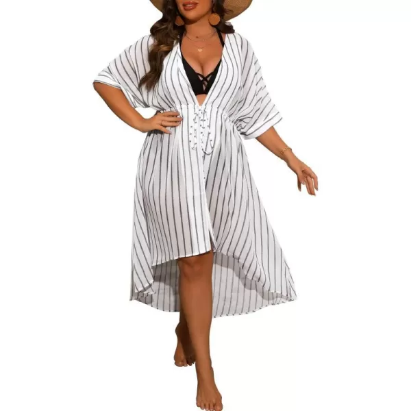 SWOMOG Women Cover Ups Plus Size Swimsuit Chiffon Kimono Long Cardigan Open Front Bathing Suit Summer Flowy Bikini BeachwearWhite Stripe