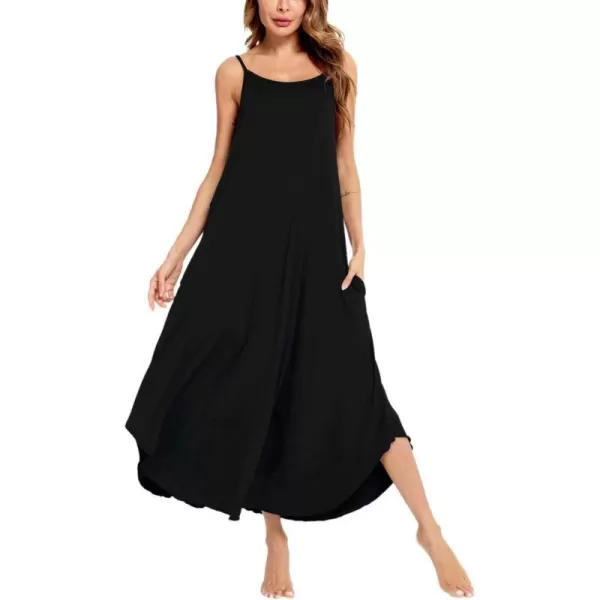 SWOMOG Women Long Nightgown Pajama Dress Soft Strap Nightdress Summer Sleeveless Nightshirt Lounge Dress with PocketsBlack