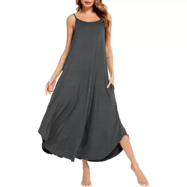 SWOMOG Women Long Nightgown Pajama Dress Soft Strap Nightdress Summer Sleeveless Nightshirt Lounge Dress with PocketsDeep Grey