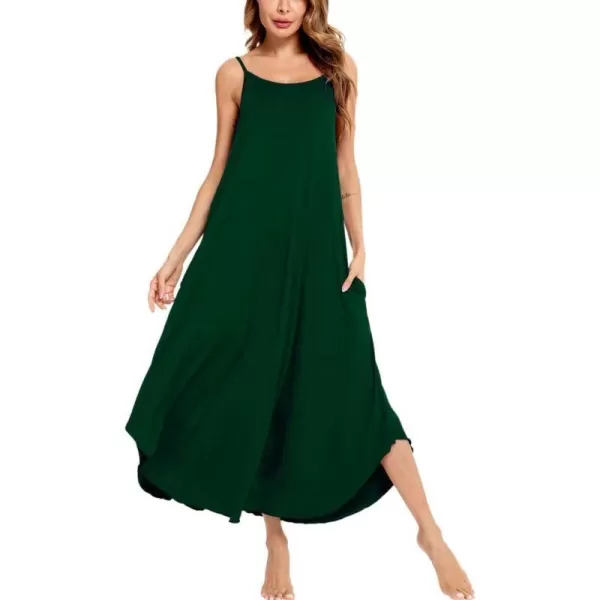 SWOMOG Women Long Nightgown Pajama Dress Soft Strap Nightdress Summer Sleeveless Nightshirt Lounge Dress with PocketsGreen