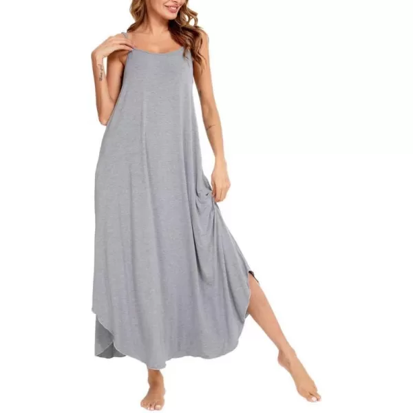 SWOMOG Women Long Nightgown Pajama Dress Soft Strap Nightdress Summer Sleeveless Nightshirt Lounge Dress with PocketsGrey