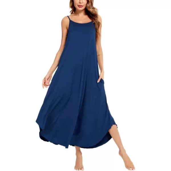 SWOMOG Women Long Nightgown Pajama Dress Soft Strap Nightdress Summer Sleeveless Nightshirt Lounge Dress with PocketsNavy Blue