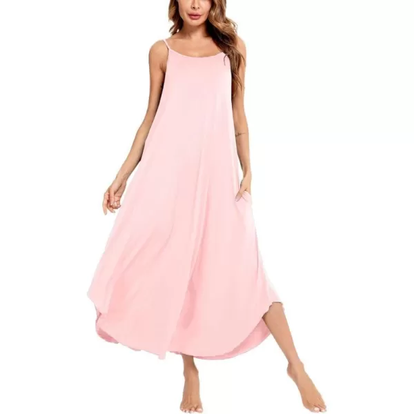 SWOMOG Women Long Nightgown Pajama Dress Soft Strap Nightdress Summer Sleeveless Nightshirt Lounge Dress with PocketsPink