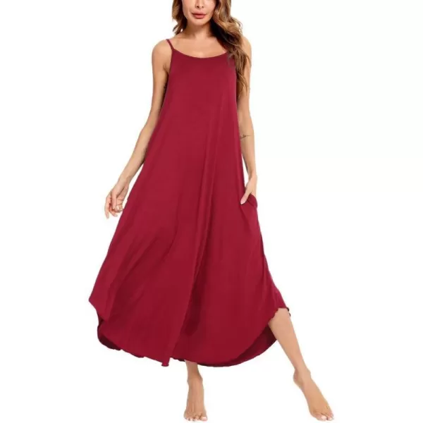 SWOMOG Women Long Nightgown Pajama Dress Soft Strap Nightdress Summer Sleeveless Nightshirt Lounge Dress with PocketsWine Red