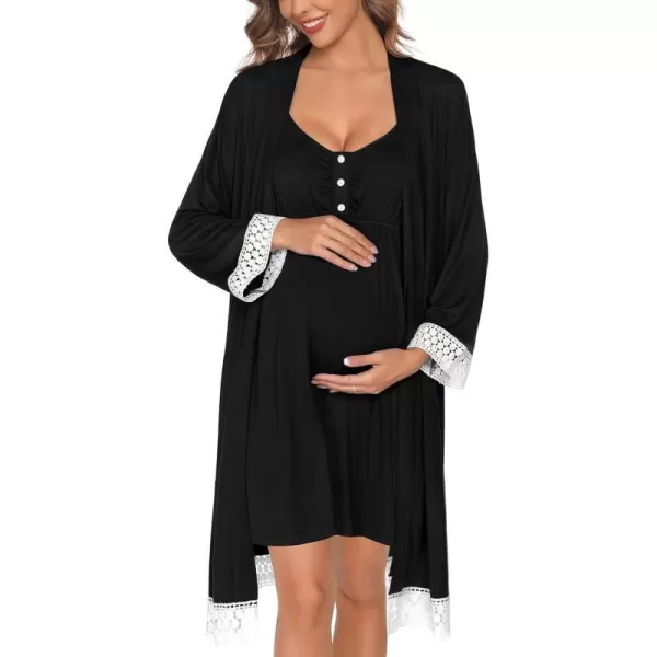 SWOMOG Women Maternity Nursing Robe Set Labor and Delivery Gown Breastfeeding Nightgown Postpartum Robe Sets for HospitalAblack