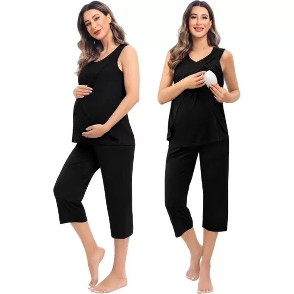 SWOMOG Women Maternity Pajama Set Nursing Pjs Double Layer Sleeveless Top Capri Pregnancy Set Breastfeeding Pjs with PocketsBlack