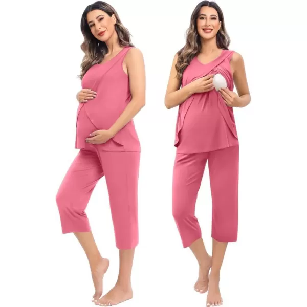 SWOMOG Women Maternity Pajama Set Nursing Pjs Double Layer Sleeveless Top Capri Pregnancy Set Breastfeeding Pjs with PocketsCoral