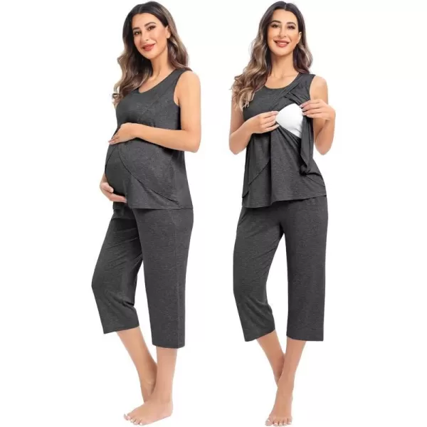 SWOMOG Women Maternity Pajama Set Nursing Pjs Double Layer Sleeveless Top Capri Pregnancy Set Breastfeeding Pjs with PocketsDeep Grey