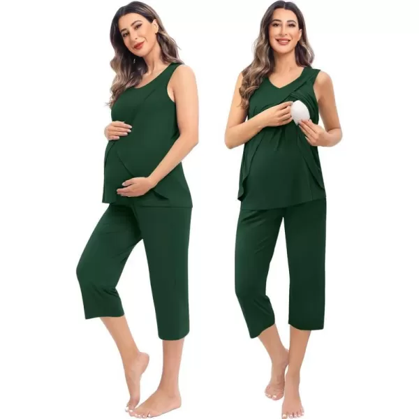 SWOMOG Women Maternity Pajama Set Nursing Pjs Double Layer Sleeveless Top Capri Pregnancy Set Breastfeeding Pjs with PocketsGreen