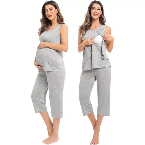 SWOMOG Women Maternity Pajama Set Nursing Pjs Double Layer Sleeveless Top Capri Pregnancy Set Breastfeeding Pjs with PocketsGrey