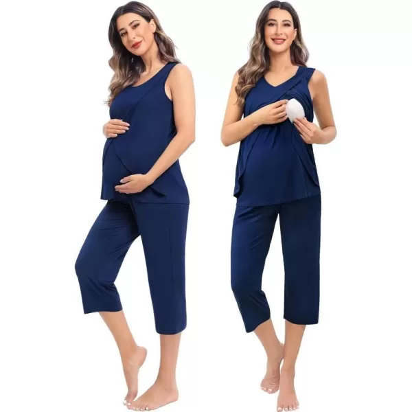 SWOMOG Women Maternity Pajama Set Nursing Pjs Double Layer Sleeveless Top Capri Pregnancy Set Breastfeeding Pjs with PocketsNavy Blue