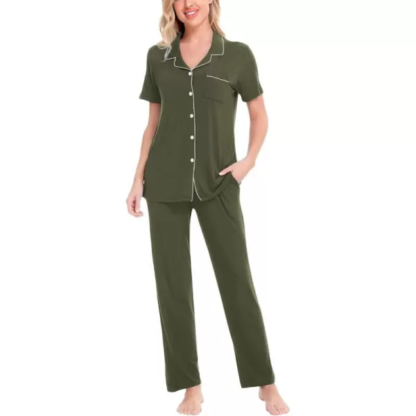 SWOMOG Women Pajama Sets TwoPiece Nightwear Short Sleeve Sleepwear Button Down Pj Lounge Sets with Long PantsArmy Green