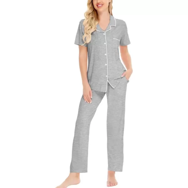 SWOMOG Women Pajama Sets TwoPiece Nightwear Short Sleeve Sleepwear Button Down Pj Lounge Sets with Long PantsGray