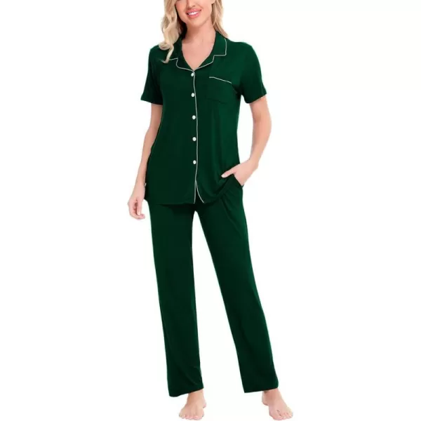 SWOMOG Women Pajama Sets TwoPiece Nightwear Short Sleeve Sleepwear Button Down Pj Lounge Sets with Long PantsGreen