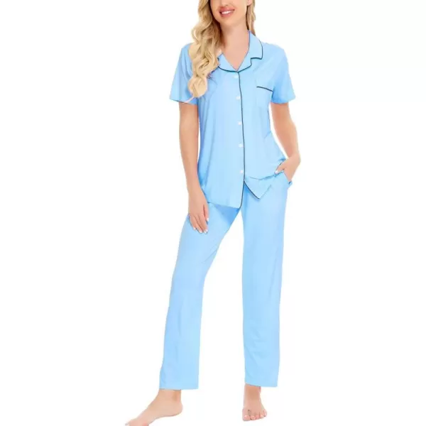 SWOMOG Women Pajama Sets TwoPiece Nightwear Short Sleeve Sleepwear Button Down Pj Lounge Sets with Long PantsSky Blue