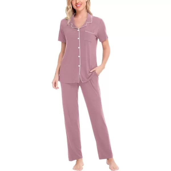 SWOMOG Women Pajama Sets TwoPiece Nightwear Short Sleeve Sleepwear Button Down Pj Lounge Sets with Long PantsTaro Purple