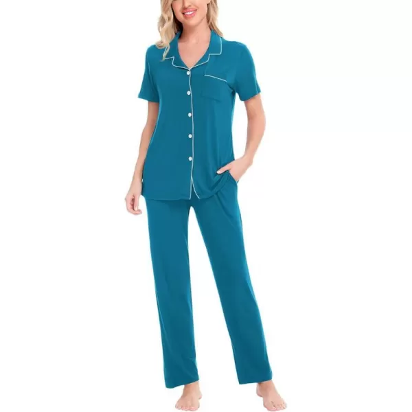 SWOMOG Women Pajama Sets TwoPiece Nightwear Short Sleeve Sleepwear Button Down Pj Lounge Sets with Long PantsTurquoise