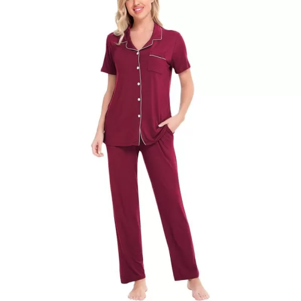 SWOMOG Women Pajama Sets TwoPiece Nightwear Short Sleeve Sleepwear Button Down Pj Lounge Sets with Long PantsWine Red