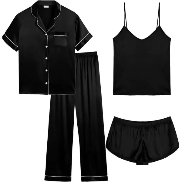 SWOMOG Women Plus Size Pajama Set 4pcs Silk Satin Sleepwear Button Down Pjs Cami Shorts Set Loose Loungewear 16W26WBlack