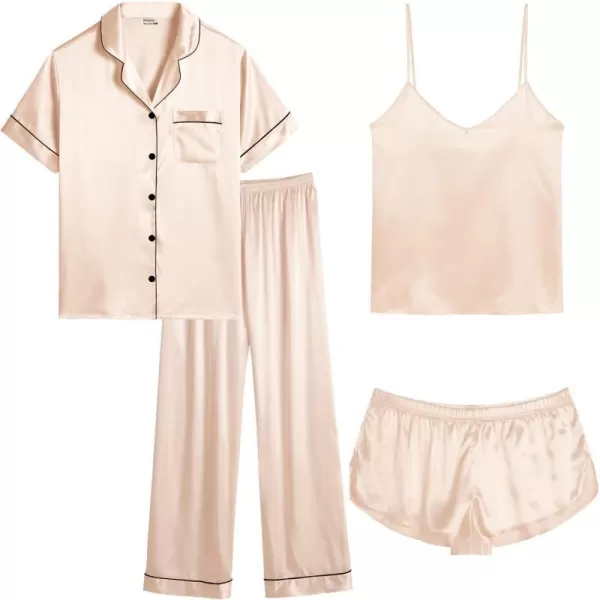 SWOMOG Women Plus Size Pajama Set 4pcs Silk Satin Sleepwear Button Down Pjs Cami Shorts Set Loose Loungewear 16W26WChampagne