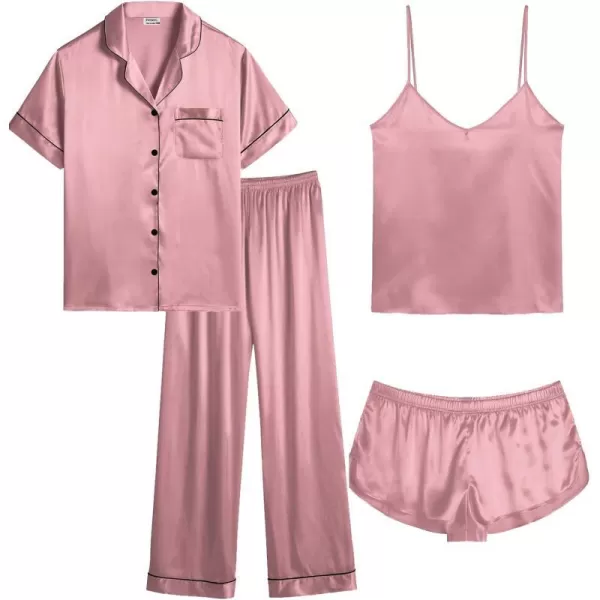 SWOMOG Women Plus Size Pajama Set 4pcs Silk Satin Sleepwear Button Down Pjs Cami Shorts Set Loose Loungewear 16W26WMisty Rose