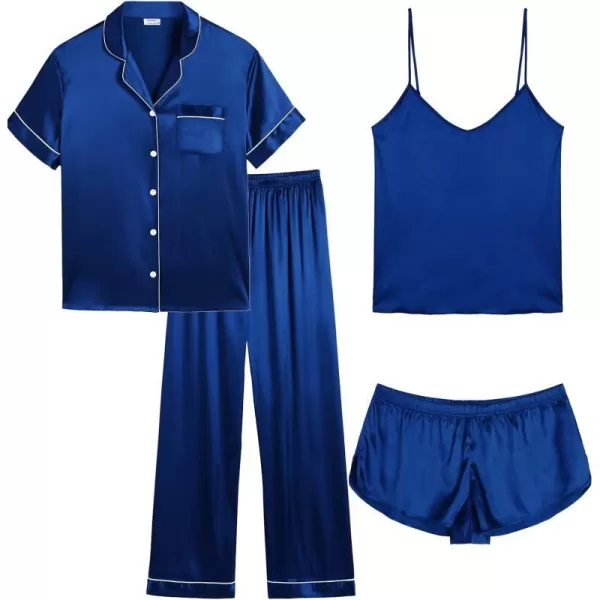 SWOMOG Women Plus Size Pajama Set 4pcs Silk Satin Sleepwear Button Down Pjs Cami Shorts Set Loose Loungewear 16W26WNavy Blue