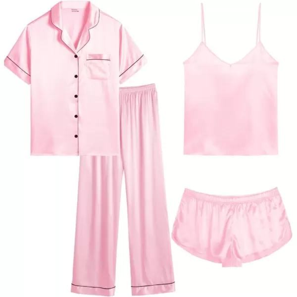 SWOMOG Women Plus Size Pajama Set 4pcs Silk Satin Sleepwear Button Down Pjs Cami Shorts Set Loose Loungewear 16W26WPink