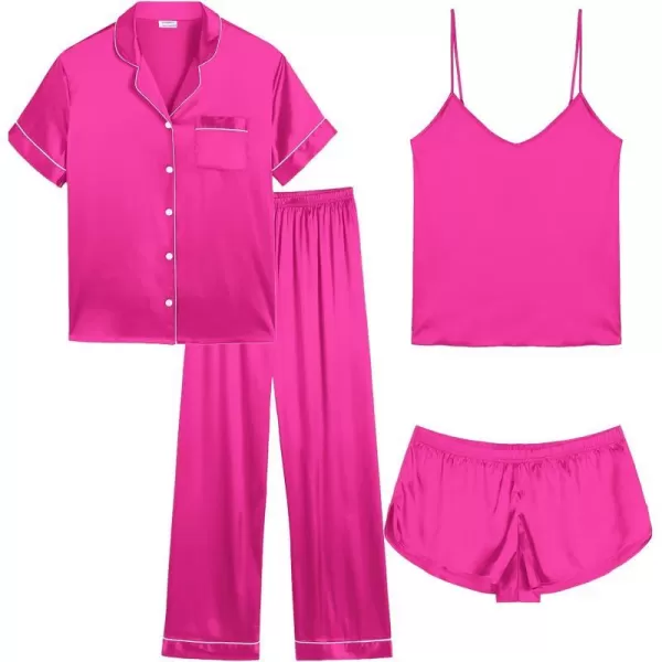 SWOMOG Women Plus Size Pajama Set 4pcs Silk Satin Sleepwear Button Down Pjs Cami Shorts Set Loose Loungewear 16W26WRose Red