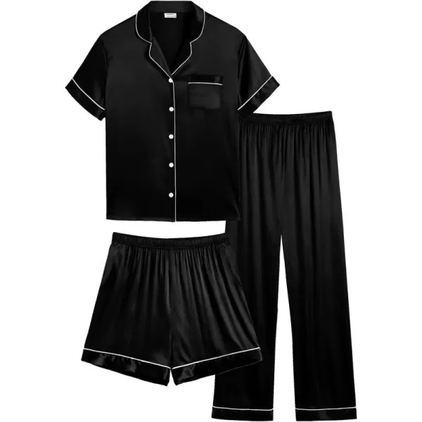 SWOMOG Women Plus Size Pajama Set Button Down Pjs 3pcs Silk Satin Sleepwear Loose Shorts Sleeve Loungewear 18W26WBlack