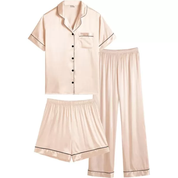 SWOMOG Women Plus Size Pajama Set Button Down Pjs 3pcs Silk Satin Sleepwear Loose Shorts Sleeve Loungewear 18W26WChampagne