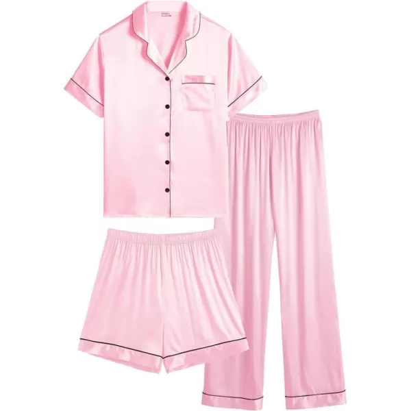 SWOMOG Women Plus Size Pajama Set Button Down Pjs 3pcs Silk Satin Sleepwear Loose Shorts Sleeve Loungewear 18W26WPink