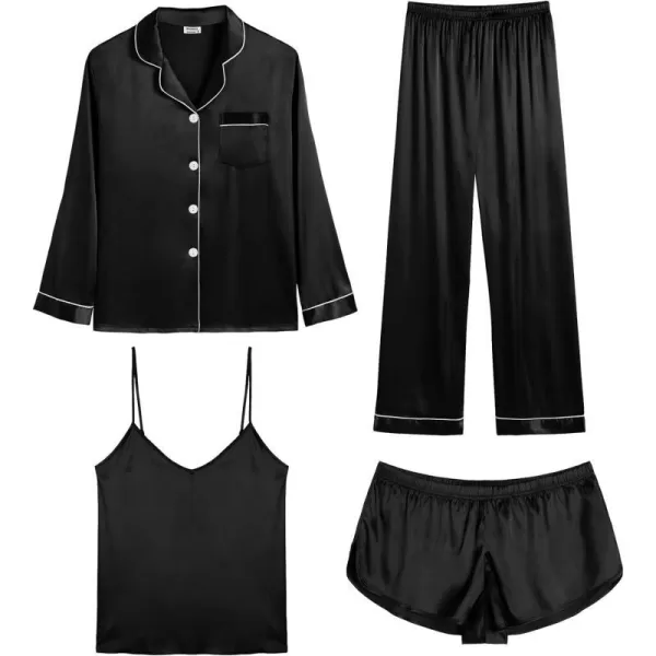 SWOMOG Women Satin Pajamas 4pcs Pajama Set Sexy Cami Shorts Set and Button Down Long Sleeve Pjs Loungewear SleepwearBlack