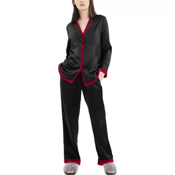 SWOMOG Women Silk Satin Pajama Set Long Sleeve Button Down Sleepwear 2Pcs Pjs Soft Loungewear with Pockets SXXLBlack