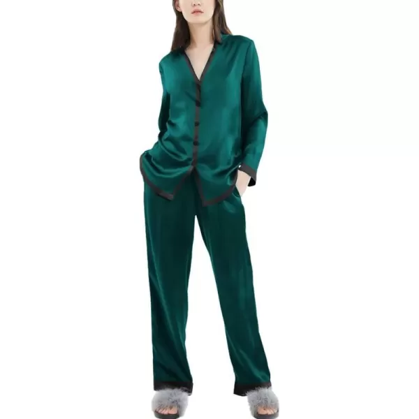 SWOMOG Women Silk Satin Pajama Set Long Sleeve Button Down Sleepwear 2Pcs Pjs Soft Loungewear with Pockets SXXLDeep Green