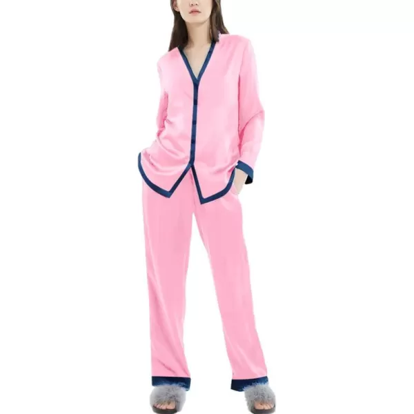 SWOMOG Women Silk Satin Pajama Set Long Sleeve Button Down Sleepwear 2Pcs Pjs Soft Loungewear with Pockets SXXLPink