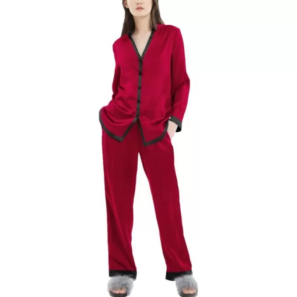 SWOMOG Women Silk Satin Pajama Set Long Sleeve Button Down Sleepwear 2Pcs Pjs Soft Loungewear with Pockets SXXLWine Red