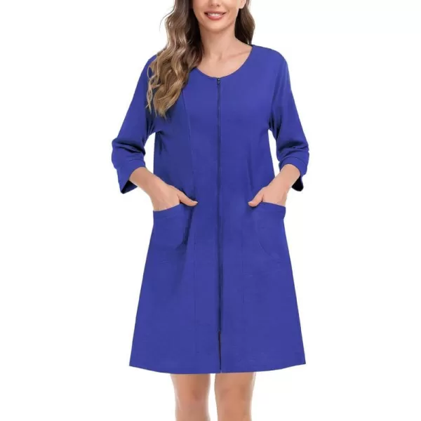 SWOMOG Women Zip Up Robe 34 Sleeve Housecoat Soft Cotton Zipper Front Nightgown Loungewear with PocketsBright Blue